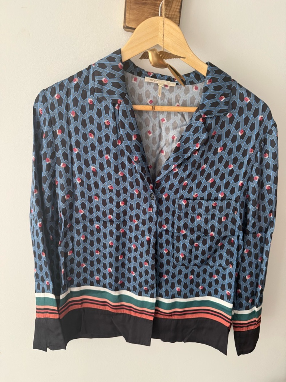 Maje Geometric Printed Button-Up Blouse in Navy & Blue with Pink Accents(2)
